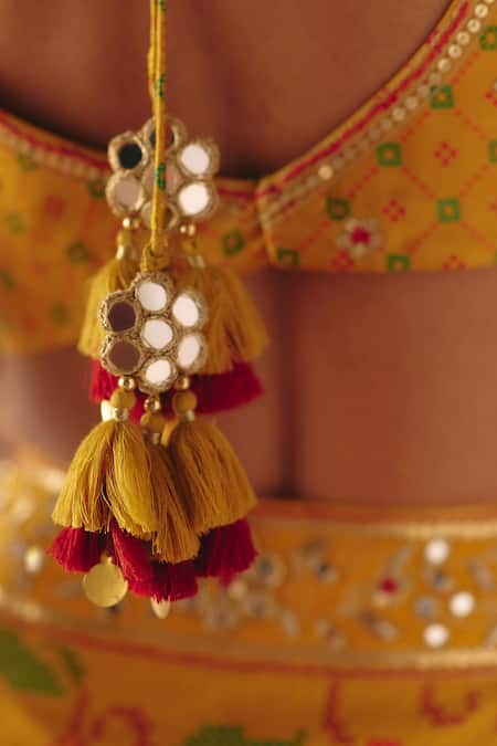 Drishti & Zahabia_Yellow Dupion, Silk Embroidery, Sequins, Cross Stitch Print Skirt With Crop Top _Online_at_Aza_Fashions