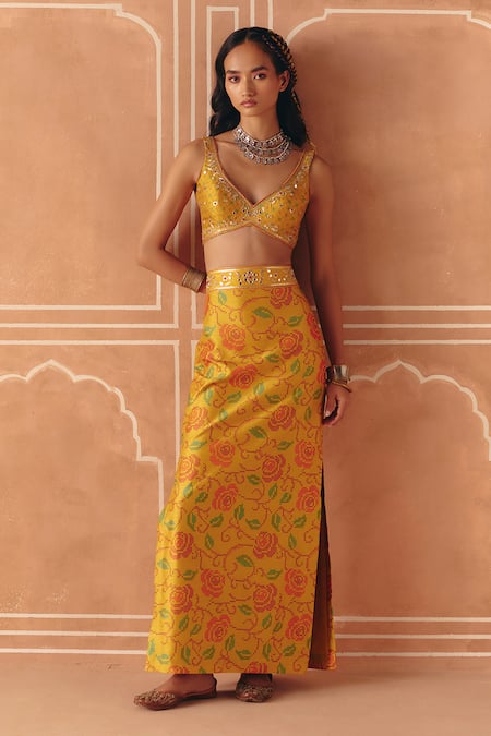 Drishti & Zahabia Yellow Dupion, Silk Embroidery, Sequins, Cross Stitch Print Skirt With Crop Top 