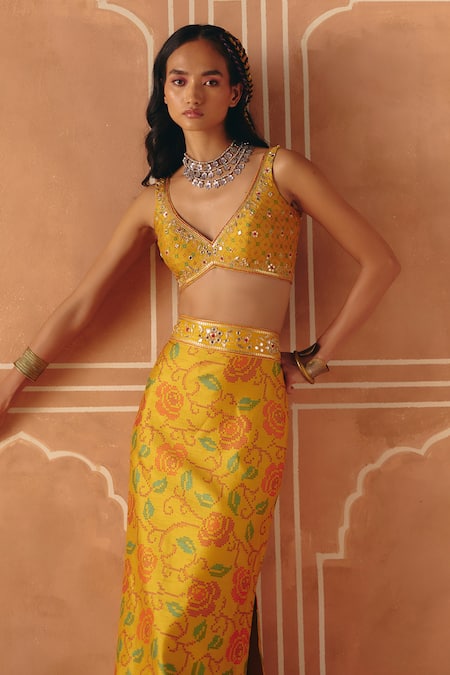 Shop_Drishti & Zahabia_Yellow Dupion, Silk Embroidery, Sequins, Cross Stitch Print Skirt With Crop Top _Online_at_Aza_Fashions