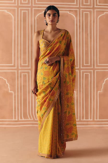 Drishti & Zahabia_Yellow Silk, Dupion Embroidery, Floral Cross Stitch Print Saree With Blouse _Online_at_Aza_Fashions