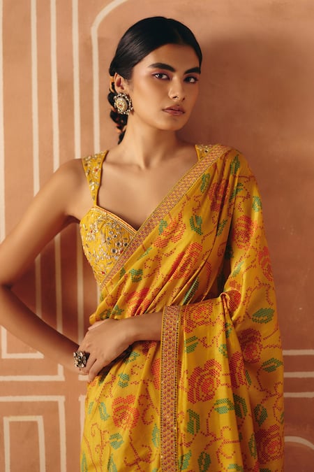Buy_Drishti & Zahabia_Yellow Silk, Dupion Embroidery, Floral Cross Stitch Print Saree With Blouse _Online_at_Aza_Fashions