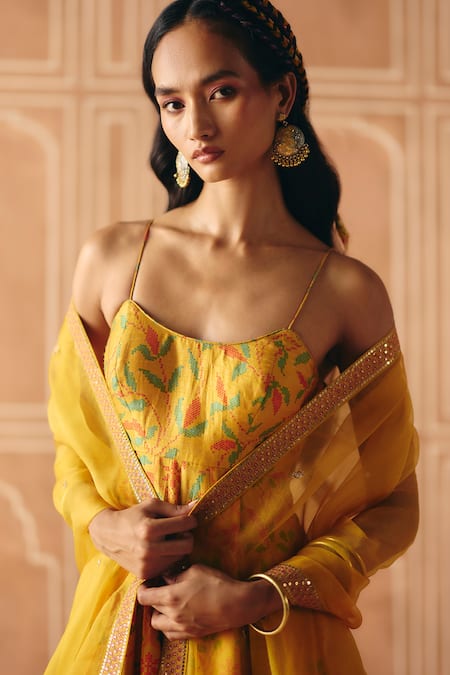 Buy_Drishti & Zahabia_Yellow Dupion, Silk, Organza Embroidery, Floral Cross Stitch Print Anarkali Set _Online_at_Aza_Fashions