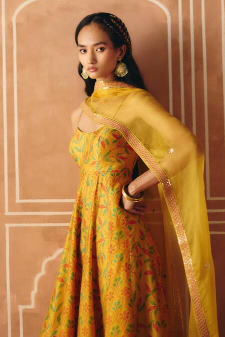 Shop_Drishti & Zahabia_Yellow Dupion, Silk, Organza Embroidery, Floral Cross Stitch Print Anarkali Set _Online_at_Aza_Fashions