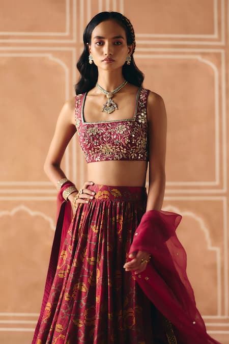 Drishti & Zahabia_Maroon Dupion, Silk, Organza Zari, Floral Cross Stitch Print Lehenga Set _Online_at_Aza_Fashions