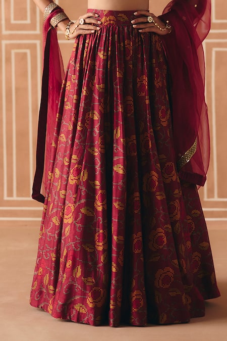 Buy_Drishti & Zahabia_Maroon Dupion, Silk, Organza Zari, Floral Cross Stitch Print Lehenga Set _Online_at_Aza_Fashions