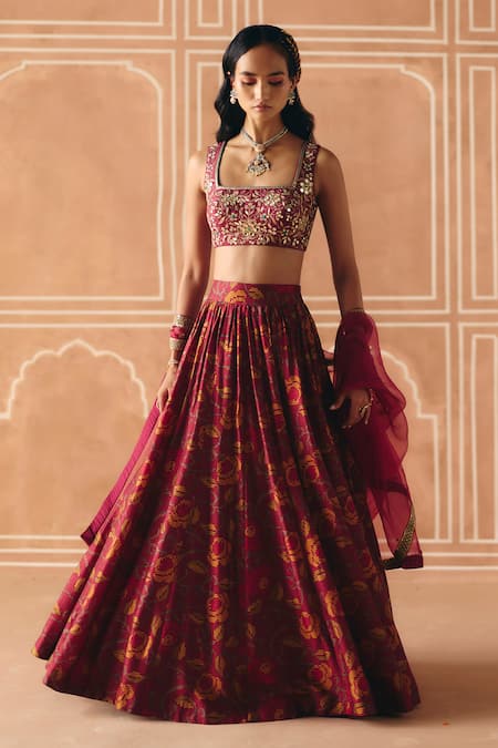Shop_Drishti & Zahabia_Maroon Dupion, Silk, Organza Zari, Floral Cross Stitch Print Lehenga Set _Online_at_Aza_Fashions