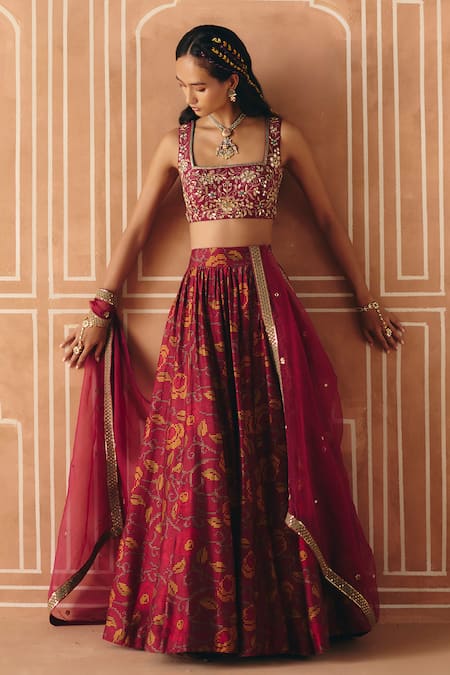 Drishti & Zahabia_Maroon Dupion, Silk, Organza Zari, Floral Cross Stitch Print Lehenga Set _at_Aza_Fashions