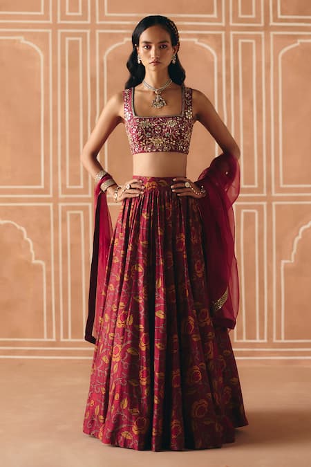 Drishti & Zahabia Maroon Dupion, Silk, Organza Zari, Floral Cross Stitch Print Lehenga Set 