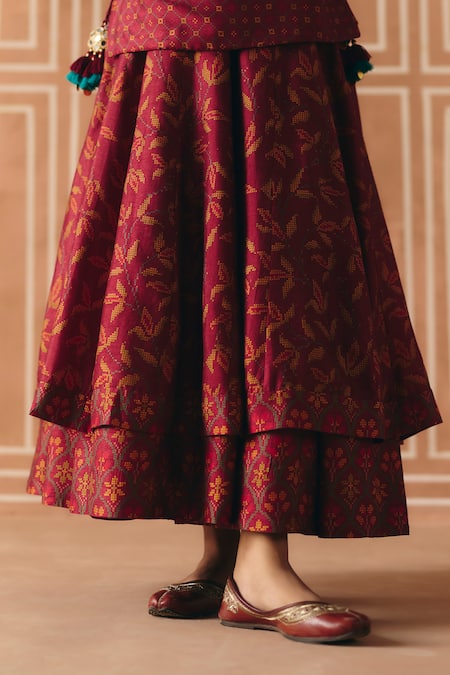 Buy_Drishti & Zahabia_Burgundy Dupion, Silk Zari, Floral Cross Stitch Print Cropped Lehenga Set _Online_at_Aza_Fashions