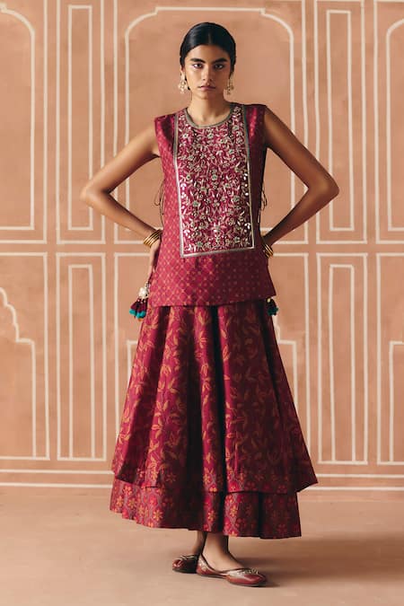 Drishti & Zahabia Burgundy Dupion, Silk Zari, Floral Cross Stitch Print Cropped Lehenga Set 