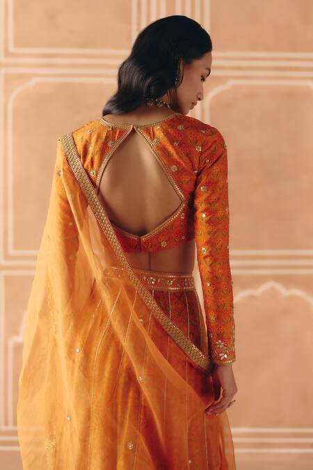 Drishti & Zahabia_Orange Dupion, Silk, Organza Zari, Cross Stitch Print Panelled Lehenga Set _Online_at_Aza_Fashions