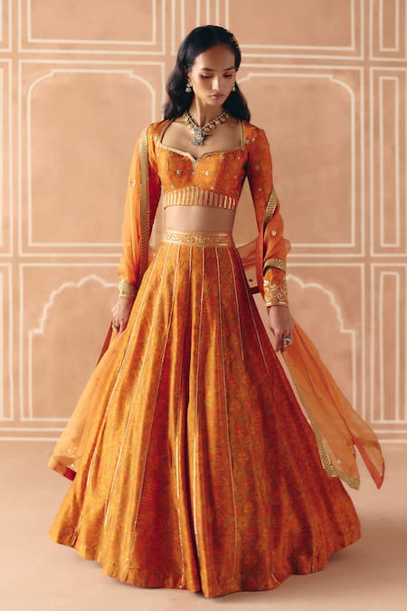 Buy_Drishti & Zahabia_Orange Dupion, Silk, Organza Zari, Cross Stitch Print Panelled Lehenga Set _Online_at_Aza_Fashions