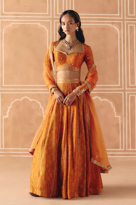 Drishti & Zahabia Orange Dupion, Silk, Organza Zari, Cross Stitch Print Panelled Lehenga Set 