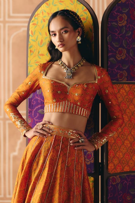 Drishti & Zahabia_Orange Dupion, Silk, Organza Zari, Cross Stitch Print Panelled Lehenga Set _at_Aza_Fashions
