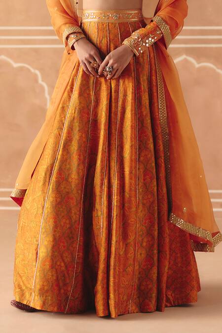 Buy_Drishti & Zahabia_Orange Dupion, Silk, Organza Zari, Cross Stitch Print Panelled Lehenga Set 