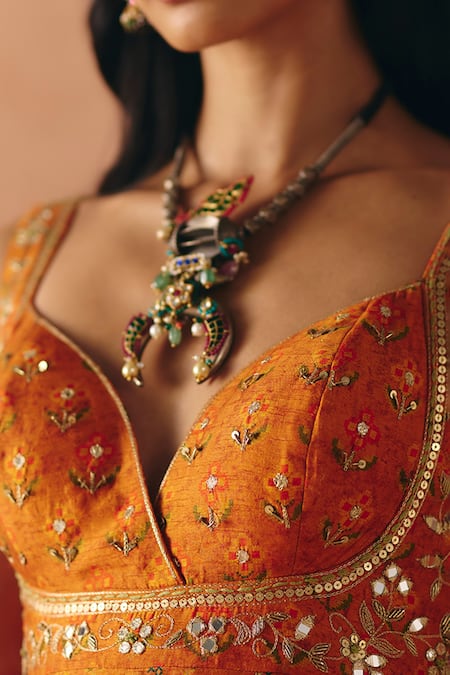 Drishti & Zahabia_Orange Dupion, Silk, Organza Embroidery, Cross Stitch Print Anarkali Set _Online_at_Aza_Fashions