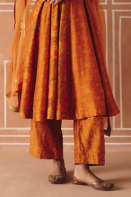 Buy_Drishti & Zahabia_Orange Dupion, Silk, Organza Embroidery, Cross Stitch Print Anarkali Set _Online_at_Aza_Fashions