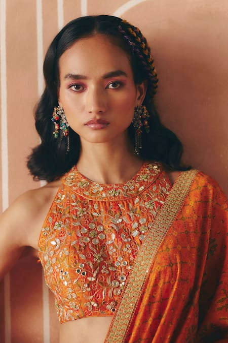 Drishti & Zahabia_Orange Dupion, Silk Embroidery, Zari, Cross Stitch Print Saree With Blouse _Online_at_Aza_Fashions