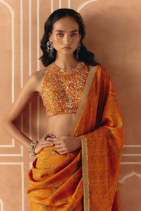 Buy_Drishti & Zahabia_Orange Dupion, Silk Embroidery, Zari, Cross Stitch Print Saree With Blouse _Online_at_Aza_Fashions