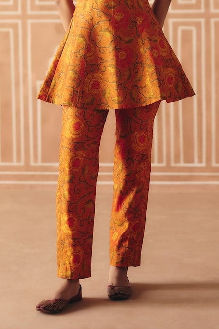 Drishti & Zahabia_Orange Dupion, Silk Embroidery, Sequins, Mirrors, Cross Stitch Print Pant Set _Online_at_Aza_Fashions