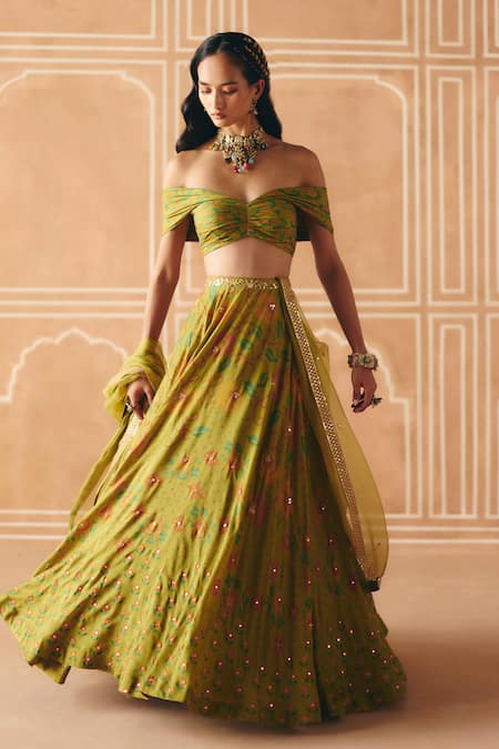 Drishti & Zahabia_Olive Green Dupion, Organza Embroidery, Cross Stitch Print Lehenga With Top _Online_at_Aza_Fashions