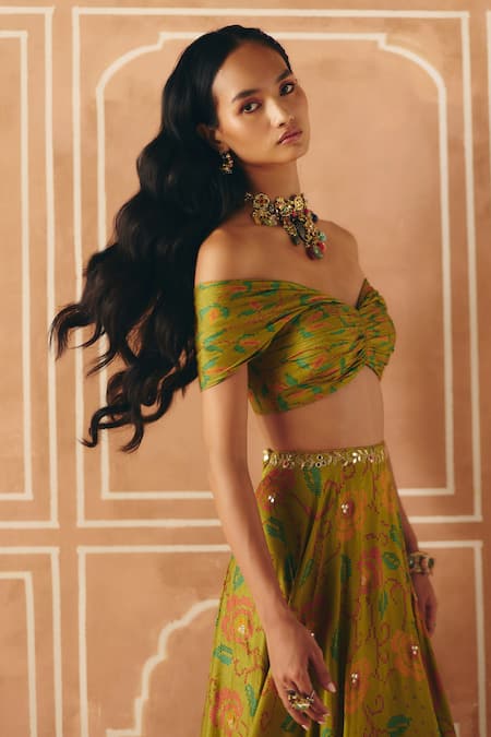 Buy_Drishti & Zahabia_Olive Green Dupion, Organza Embroidery, Cross Stitch Print Lehenga With Top _Online_at_Aza_Fashions