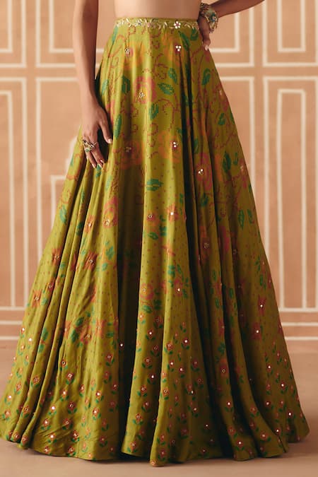 Shop_Drishti & Zahabia_Olive Green Dupion, Organza Embroidery, Cross Stitch Print Lehenga With Top _Online_at_Aza_Fashions