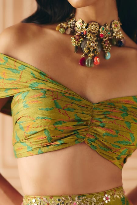 Drishti & Zahabia_Olive Green Dupion, Organza Embroidery, Cross Stitch Print Lehenga With Top _at_Aza_Fashions