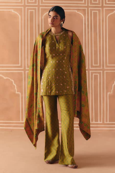 Drishti & Zahabia_Olive Green Dupion, Silk Embroidery, Zari, Cross Stitch Print Tunic Pant Set _Online_at_Aza_Fashions