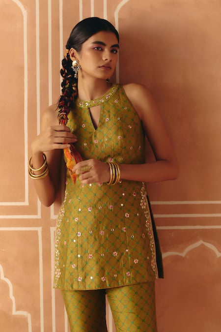 Buy_Drishti & Zahabia_Olive Green Dupion, Silk Embroidery, Zari, Cross Stitch Print Tunic Pant Set _Online_at_Aza_Fashions