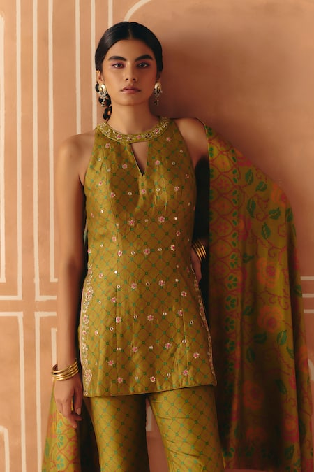 Shop_Drishti & Zahabia_Olive Green Dupion, Silk Embroidery, Zari, Cross Stitch Print Tunic Pant Set _Online_at_Aza_Fashions