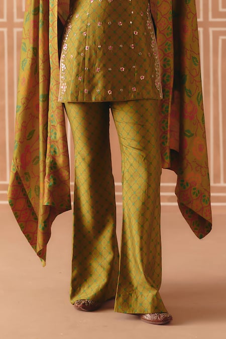 Drishti & Zahabia_Olive Green Dupion, Silk Embroidery, Zari, Cross Stitch Print Tunic Pant Set _at_Aza_Fashions