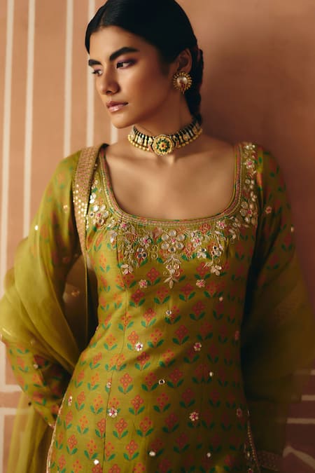 Drishti & Zahabia_Green Dupion, Silk, Organza Embroidery, Cross Stitch Print Kurta Sharara Set _Online_at_Aza_Fashions