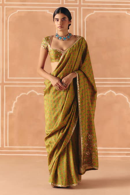 Drishti & Zahabia Green Dupion, Silk Mirrors, Embroidery, Cross Stitch Print Saree With Blouse 