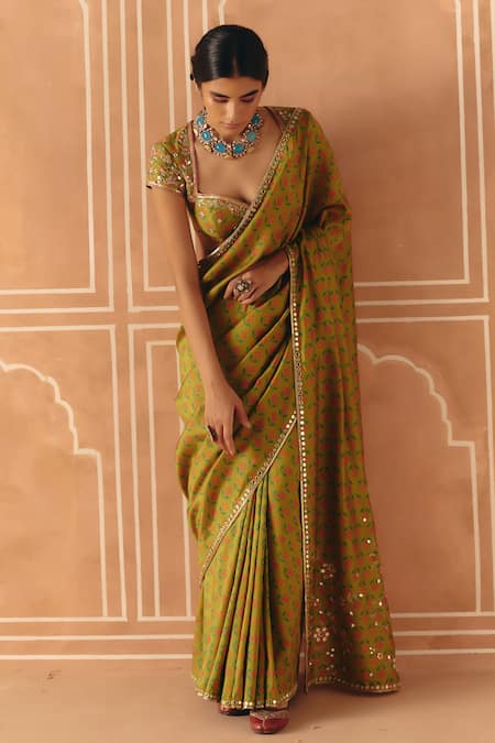 Drishti & Zahabia_Green Dupion, Silk Mirrors, Embroidery, Cross Stitch Print Saree With Blouse _Online_at_Aza_Fashions