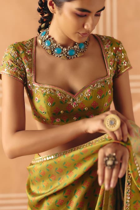 Buy_Drishti & Zahabia_Green Dupion, Silk Mirrors, Embroidery, Cross Stitch Print Saree With Blouse _Online_at_Aza_Fashions