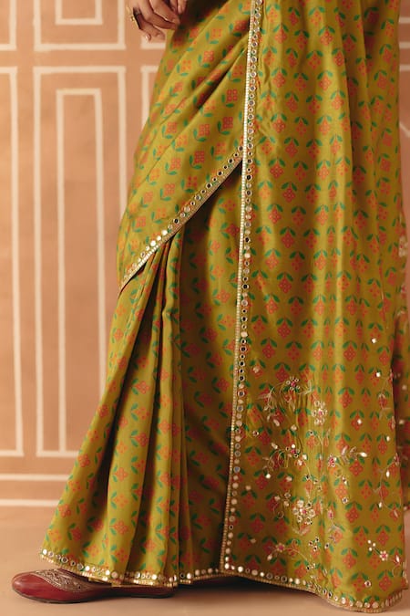 Shop_Drishti & Zahabia_Green Dupion, Silk Mirrors, Embroidery, Cross Stitch Print Saree With Blouse _Online_at_Aza_Fashions