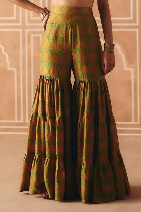 Buy_Drishti & Zahabia_Green Dupion, Silk Round Neck Cross Stitch Print Top With Sharara _Online_at_Aza_Fashions