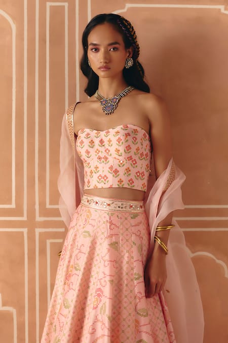 Drishti & Zahabia_Blush Dupion, Silk, Organza Embroidery, Floral Cross Stitch Print Lehenga Set _Online_at_Aza_Fashions