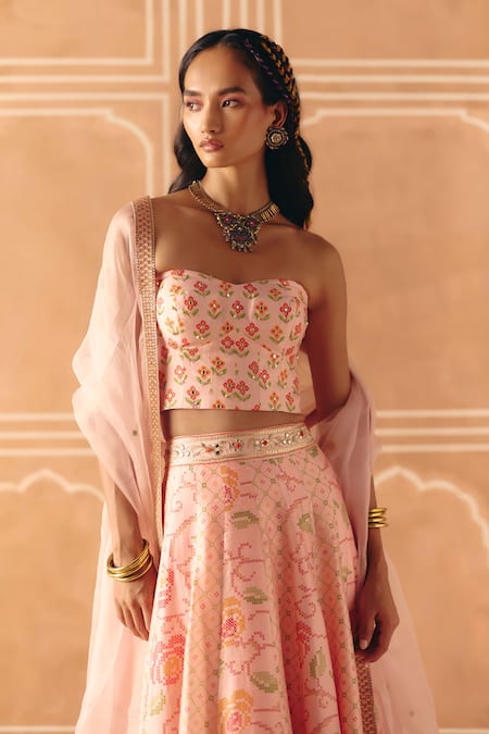Buy_Drishti & Zahabia_Blush Dupion, Silk, Organza Embroidery, Floral Cross Stitch Print Lehenga Set _Online_at_Aza_Fashions