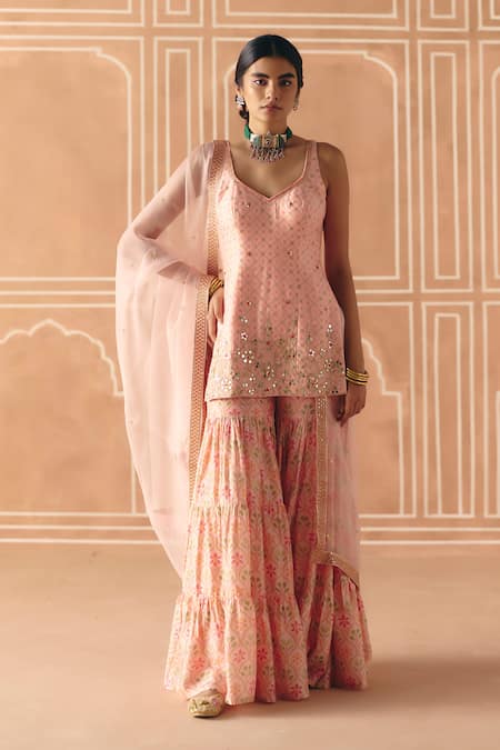 Drishti & Zahabia Pink Dupion, Silk, Organza Embroidery, Cross Stitch Print Tunic Sharara Set 