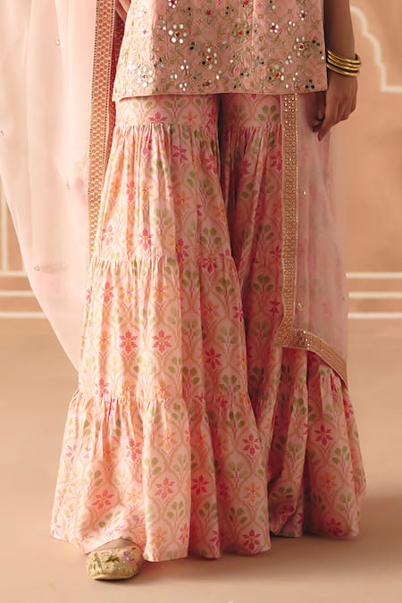 Drishti & Zahabia_Pink Dupion, Silk, Organza Embroidery, Cross Stitch Print Tunic Sharara Set _Online_at_Aza_Fashions
