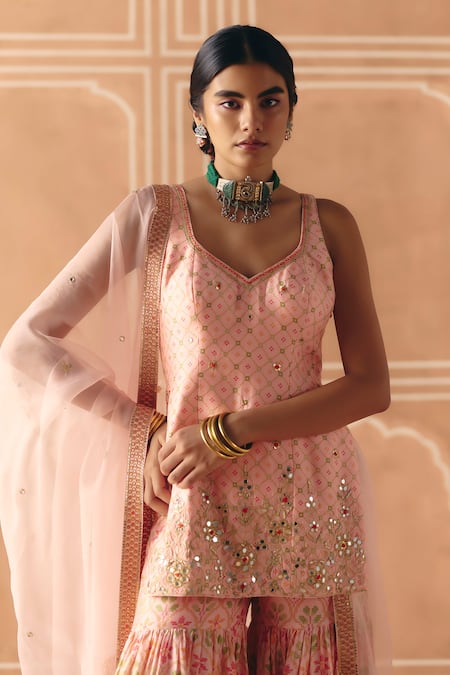 Buy_Drishti & Zahabia_Pink Dupion, Silk, Organza Embroidery, Cross Stitch Print Tunic Sharara Set _Online_at_Aza_Fashions