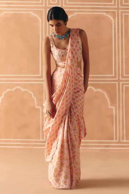 Drishti & Zahabia_Blush Dupion Embroidery, Sequins, Mirrors, Cross Stitch Print Tunic Sharara Set _Online_at_Aza_Fashions