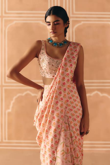 Buy_Drishti & Zahabia_Blush Dupion Embroidery, Sequins, Mirrors, Cross Stitch Print Tunic Sharara Set _Online_at_Aza_Fashions