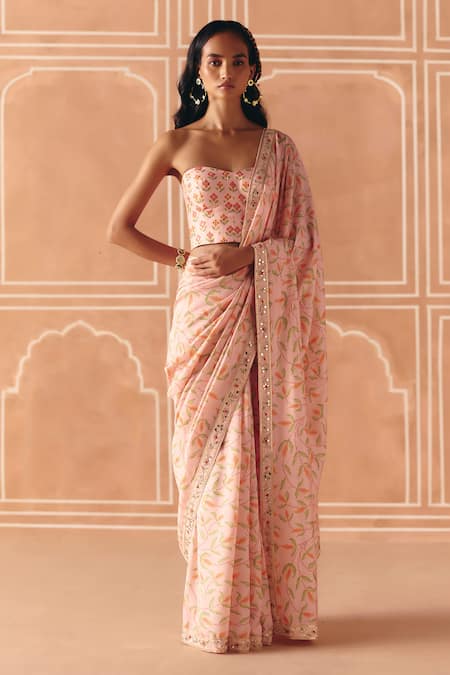 Drishti & Zahabia Blush Dupion, Silk, Organza Floral Cross Stitch Print Saree With Blouse 