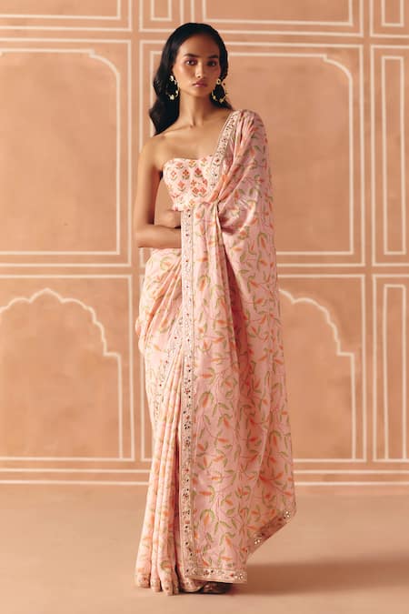 Drishti & Zahabia_Blush Dupion, Silk, Organza Floral Cross Stitch Print Saree With Blouse _Online_at_Aza_Fashions