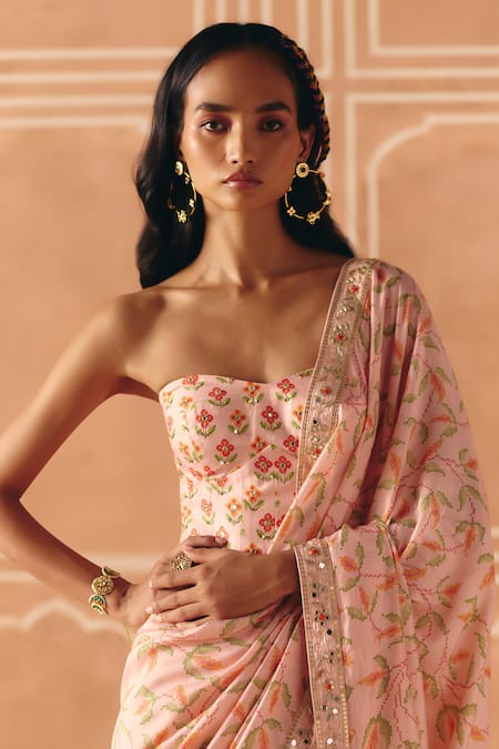 Buy_Drishti & Zahabia_Blush Dupion, Silk, Organza Floral Cross Stitch Print Saree With Blouse _Online_at_Aza_Fashions
