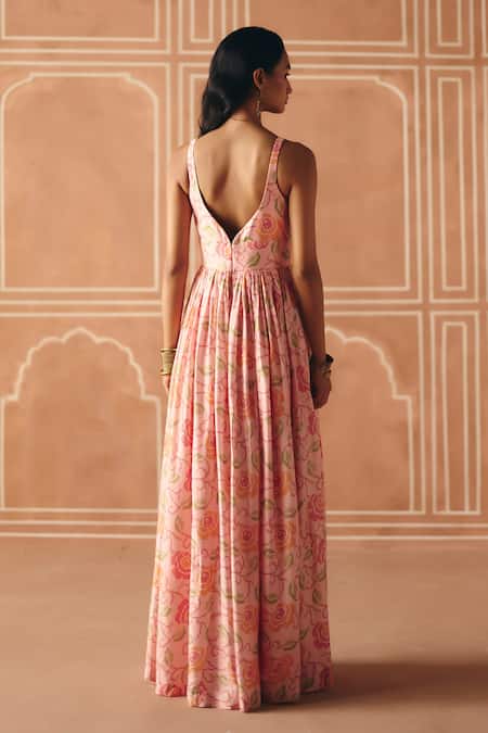 Shop Drishti & Zahabia Pink Dupion, Silk Zari, Sequins, Mirrors, Floral Cross Stitch Print Dress at Aza Fashions Shop_Drishti & Zahabia_Pink Dupion, Silk Zari, Sequins, Mirrors, Floral Cross Stitch Print Dress _at_Aza_Fashions