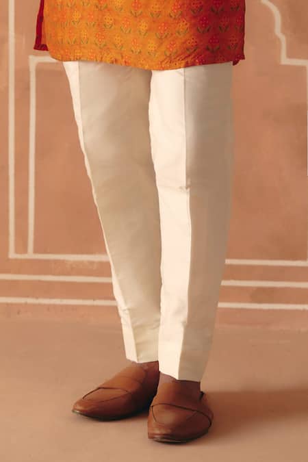 Drishti & Zahabia_Orange Dupion, Cotton, Silk Cross Stitch Print Bundi And Kurta Set _Online_at_Aza_Fashions